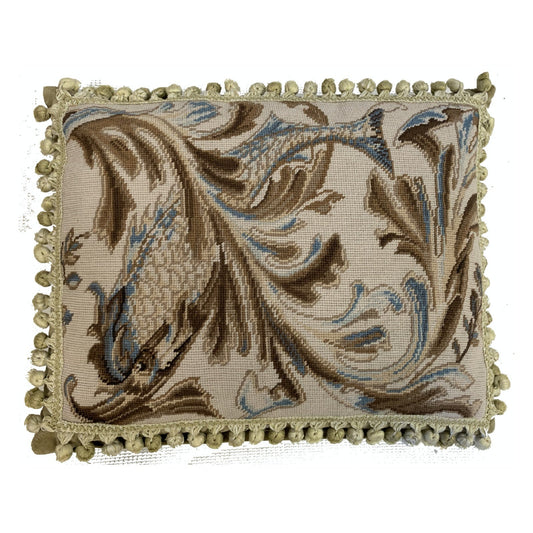 Handmade Wool Needlepoint Pillow Cover - Decorative Throw Cushion Cover - Vintage Floral Embroidery Design blue/brown fish and weeds with tassels