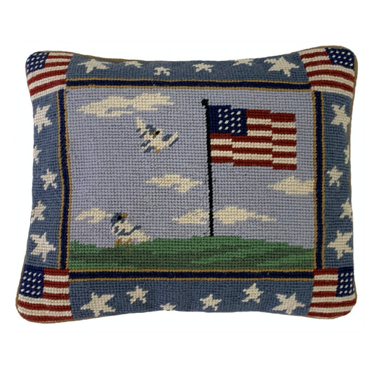 Handmade Wool Needlepoint Pillow Cover - Decorative Throw Cushion Cover - Vintage Floral Embroidery Design center flag & 4 flags on 4 corners