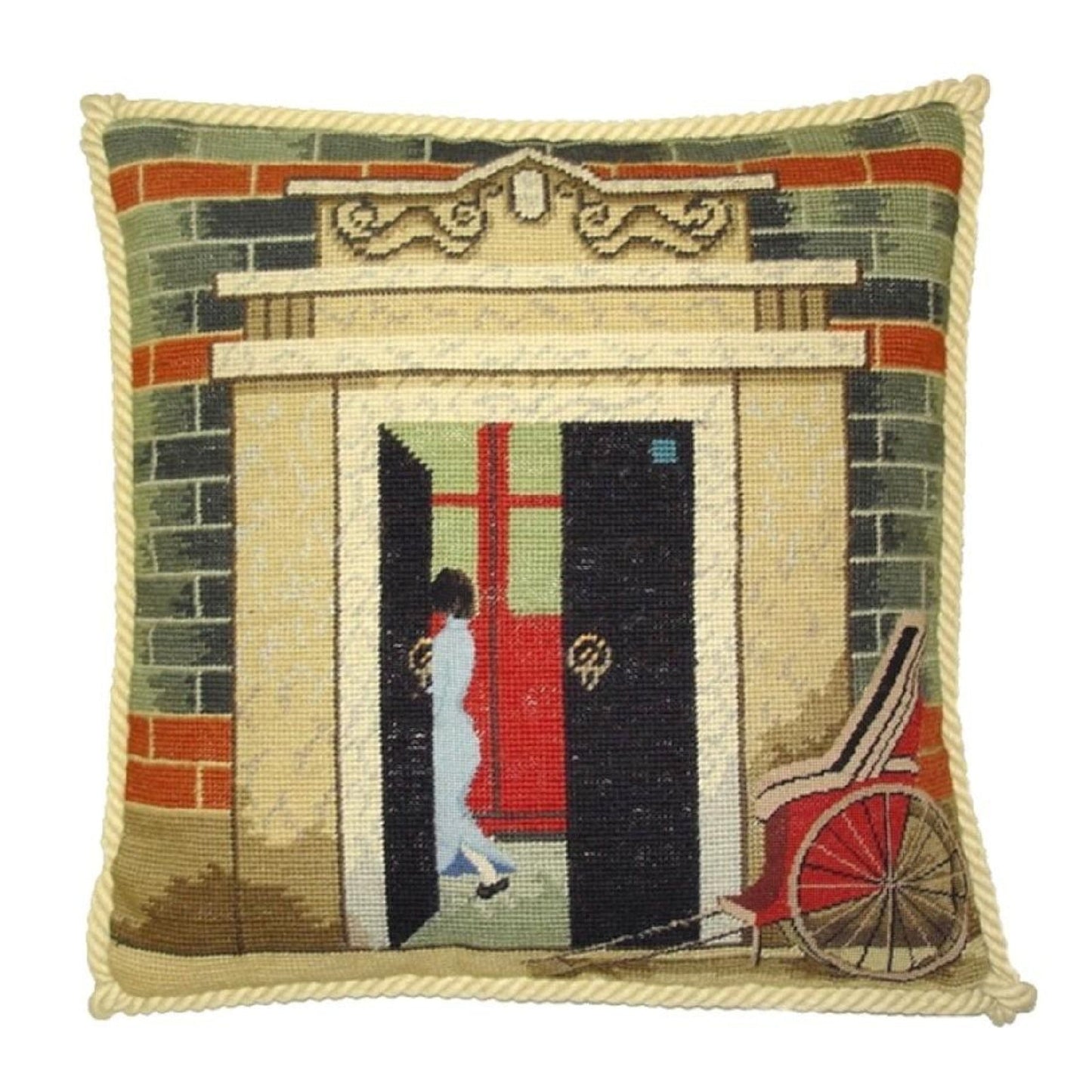 Handmade Wool Needlepoint Pillow Cover - Decorative Throw Cushion Cover - Vintage Floral Embroidery Design  Shanghai ShiKuMen with cording II