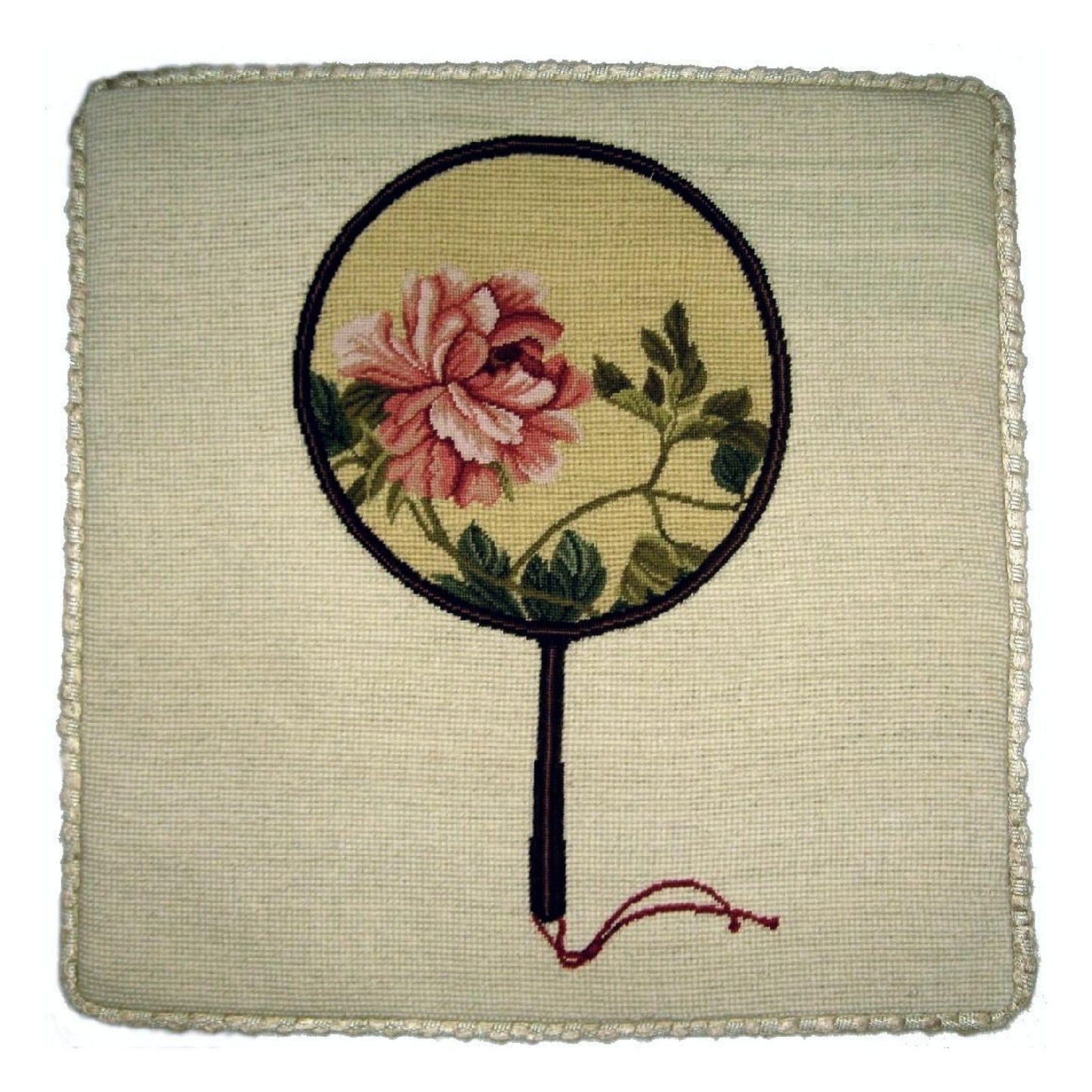 Handmade Wool Needlepoint Pillow Cover - Decorative Throw Cushion Cover - Vintage Floral Embroidery Design pink peony in the Chinese fan with checker border