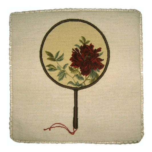 Handmade Wool Needlepoint Pillow Cover - Decorative Throw Cushion Cover - Vintage Floral Embroidery Design red peony in Chines fan with checker cording