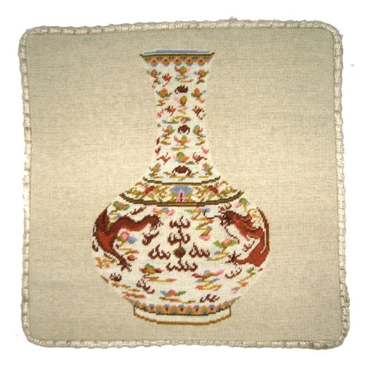 Handmade Wool Needlepoint Pillow Cover - Decorative Throw Cushion Cover - Vintage Floral Embroidery Design  Ming dynasty dragon vast with cording