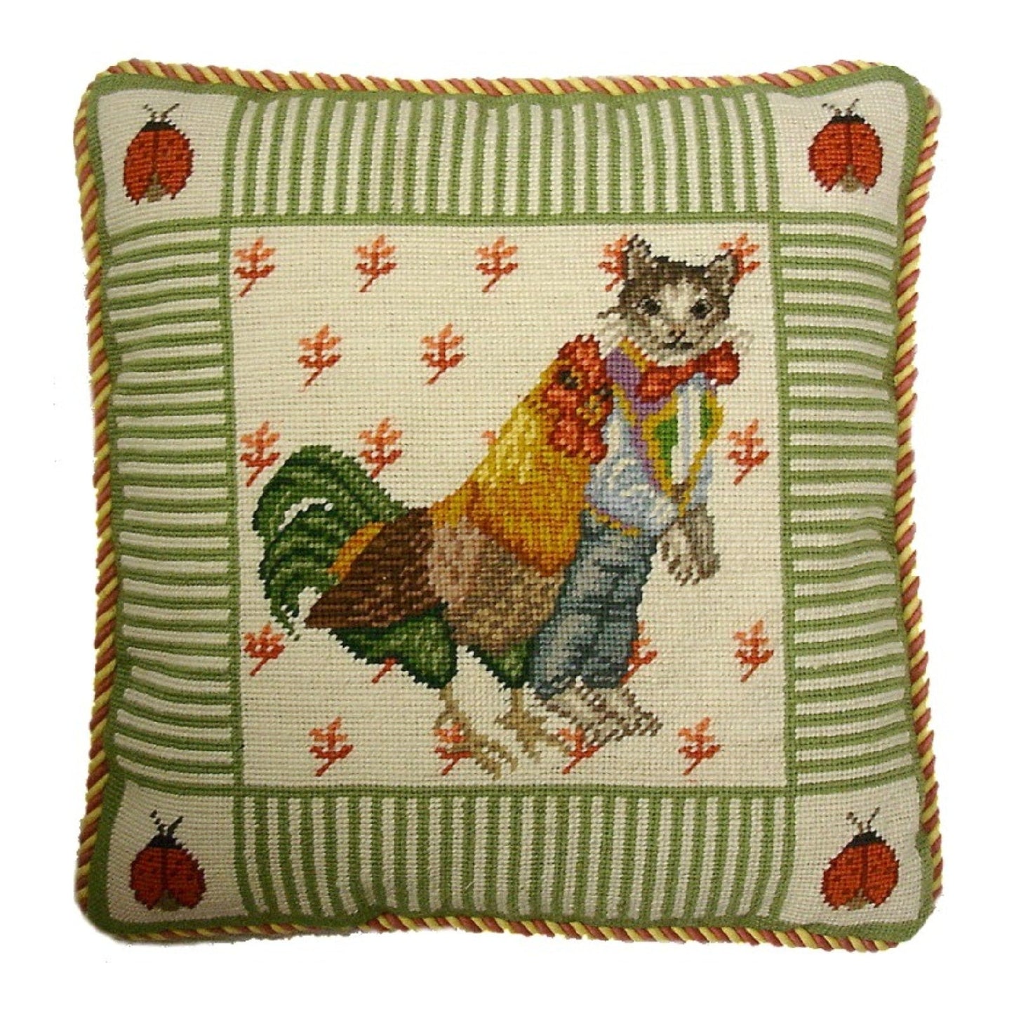 Handmade Wool Needlepoint Pillow Cover - Decorative Throw Cushion Cover - Vintage Floral Embroidery Design cat boy & chicken ladybug on 4 corners mauve & yellow cording
