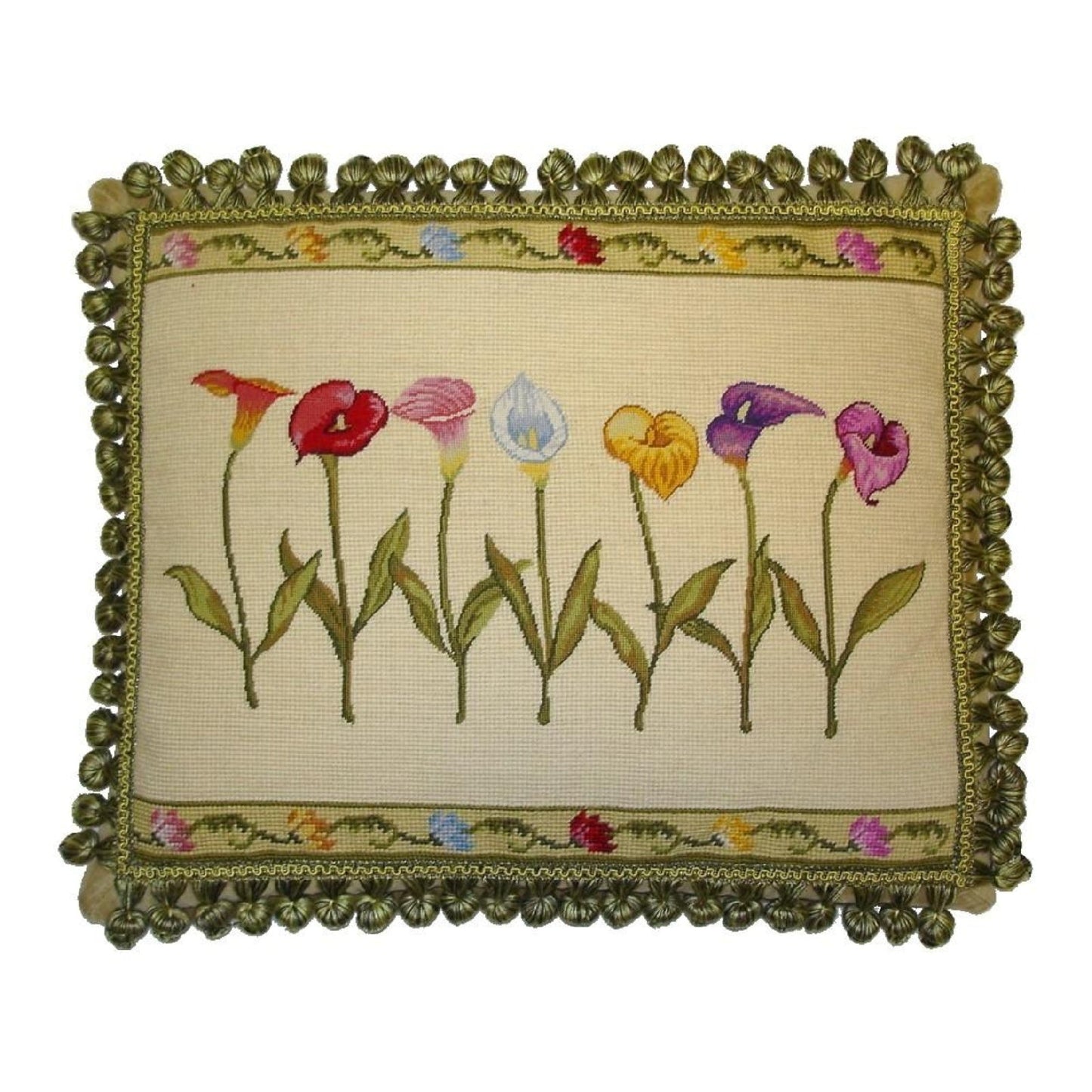 Handmade Wool Needlepoint Pillow Cover - Decorative Throw Cushion Cover - Vintage Floral Embroidery Design  with 2 color tassel I