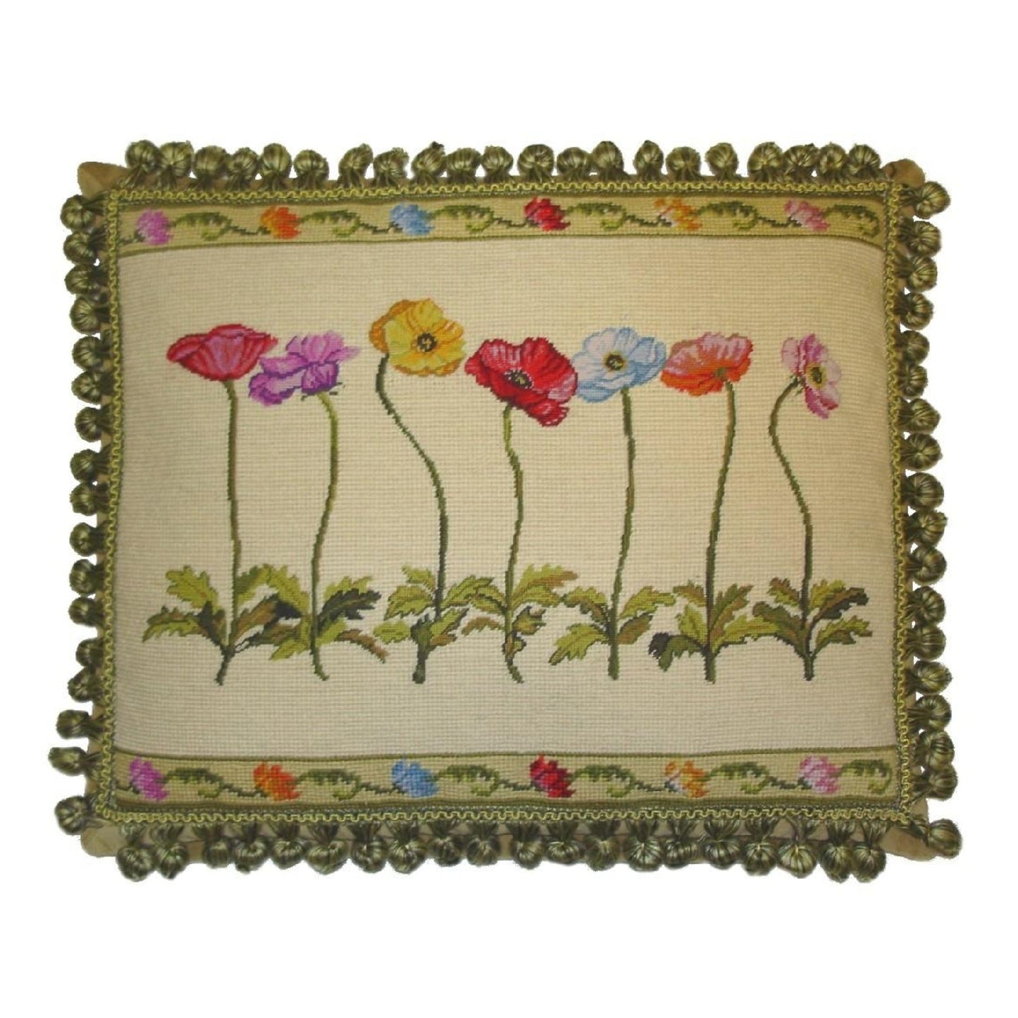 Handmade Wool Needlepoint Pillow Cover - Decorative Throw Cushion Cover - Vintage Floral Embroidery Design  with 2 color tassel