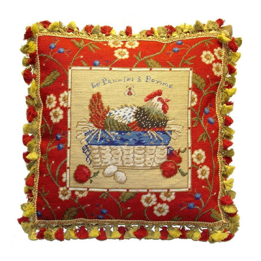 Handmade Wool Needlepoint Pillow Cover - Decorative Throw Cushion Cover - Vintage Floral Embroidery Design SudiMcCollums design Le Panier a Pomme, with  bea and 3 color tassel