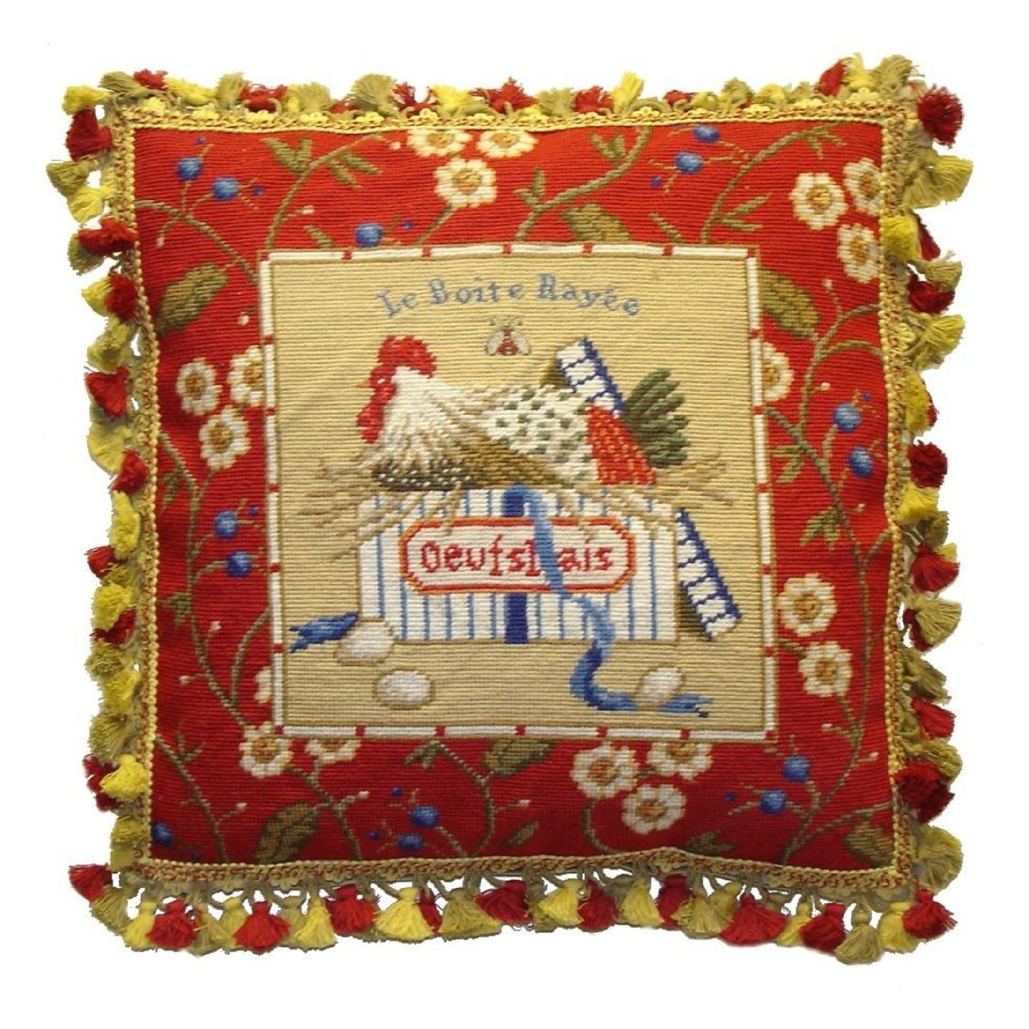 Handmade Wool Needlepoint Pillow Cover - Decorative Throw Cushion Cover - Vintage Floral Embroidery Design Sudi McCollums designLe Boite Rayee with  bee and 3 color tassel