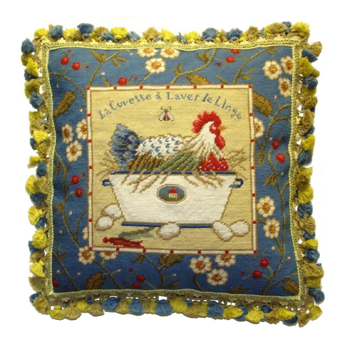 Handmade Wool Needlepoint Pillow Cover - Decorative Throw Cushion Cover - Vintage Floral Embroidery Design Sudi McCollums designLa Cuvette a Laver le Linge with  bee and 3 color tassel