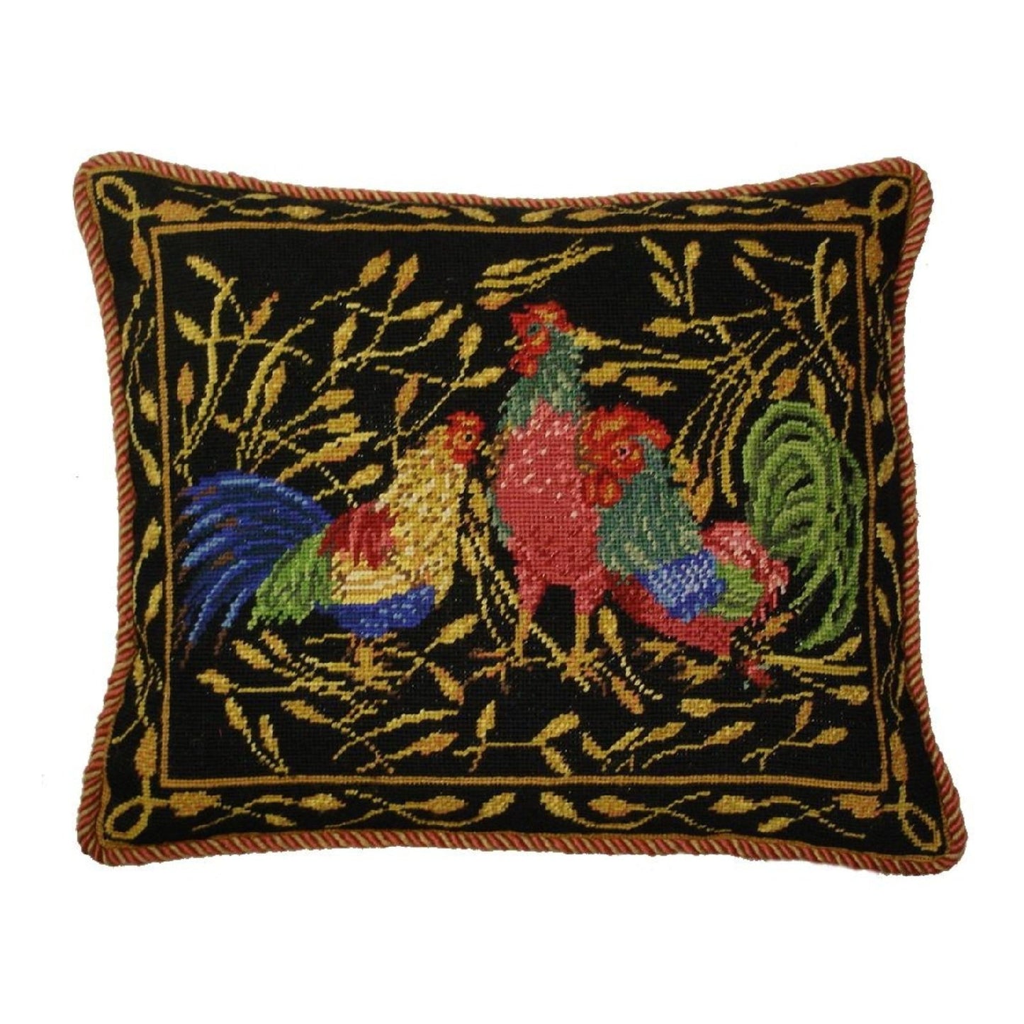 Handmade Wool Needlepoint Pillow Cover - Decorative Throw Cushion Cover - Vintage Floral Embroidery Design Anne Hathaways design 3 roosters