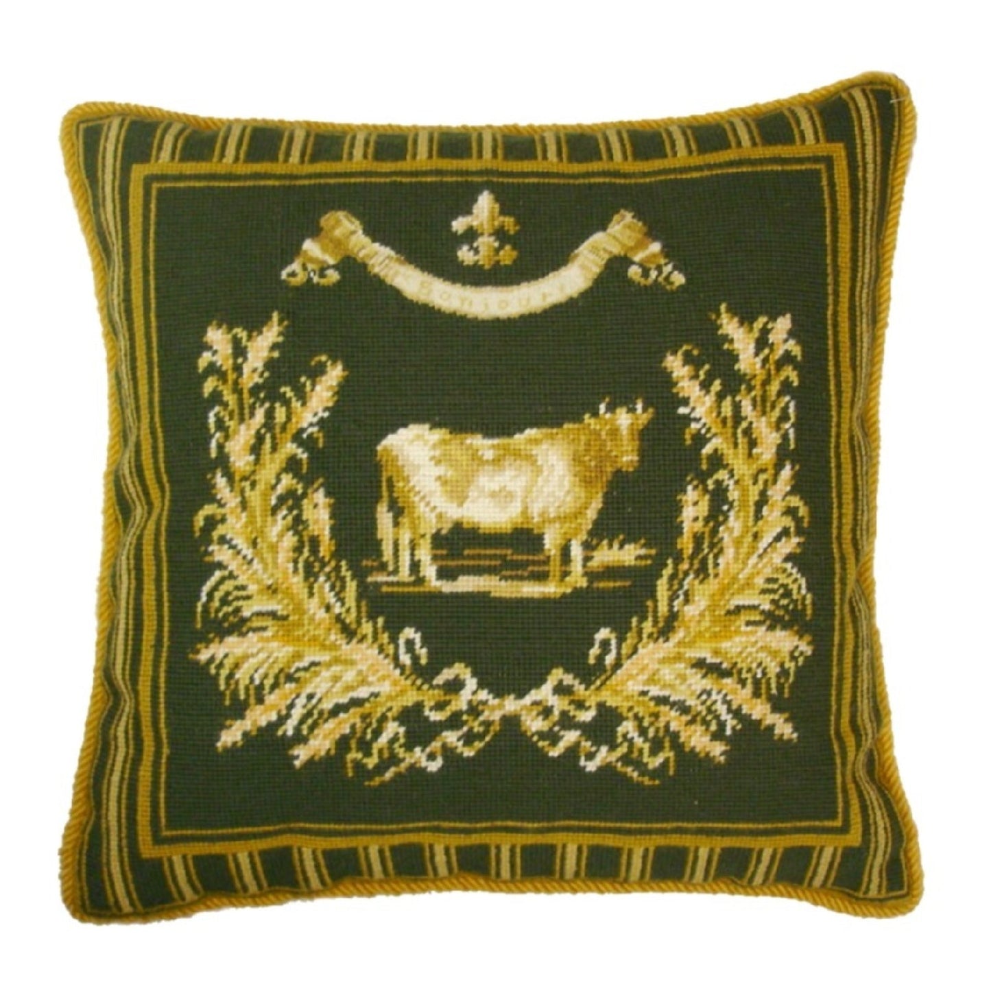 Handmade Wool Needlepoint Pillow Cover - Decorative Throw Cushion Cover - Vintage Floral Embroidery Design Gayle Bighouse design french County Cow, green