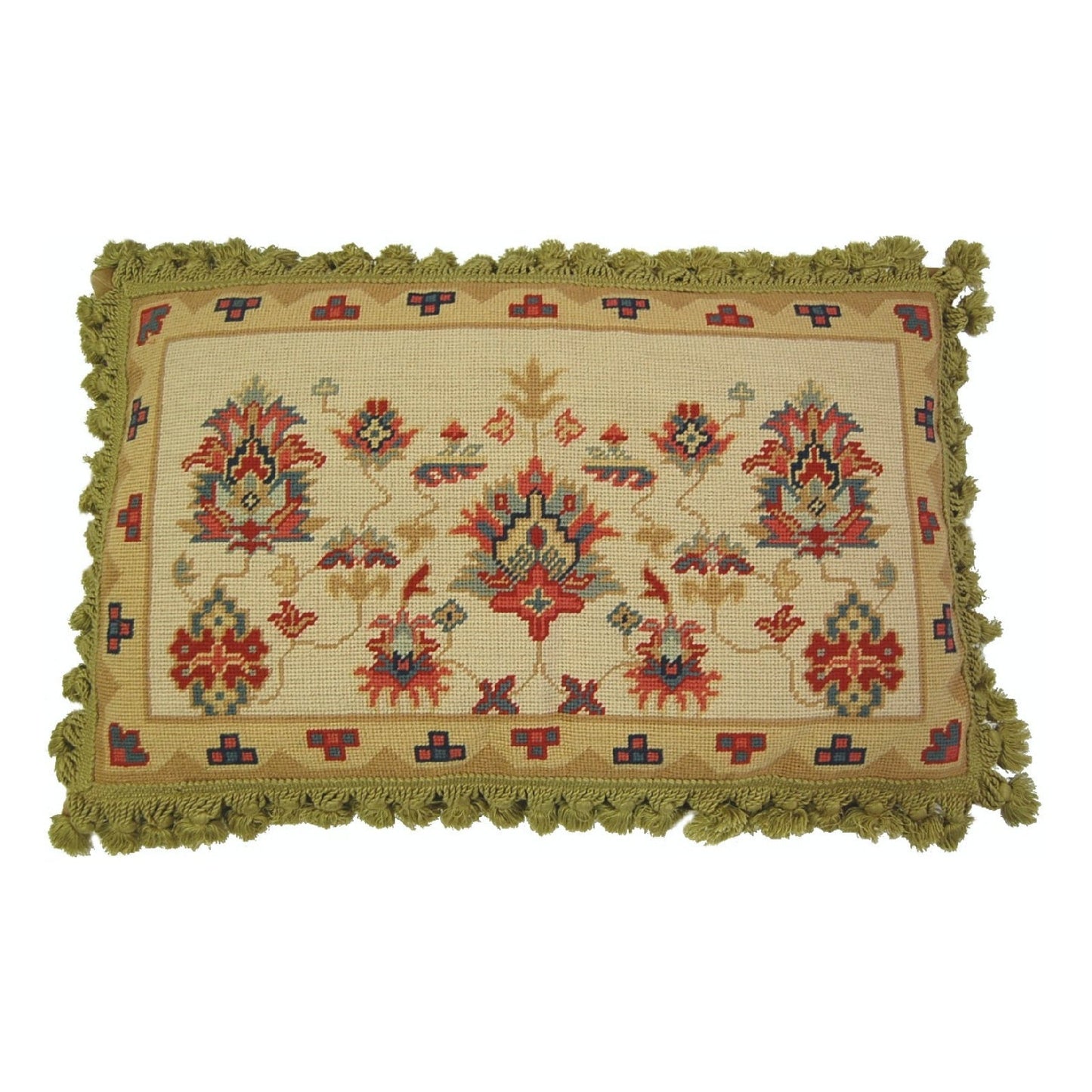 Handmade Wool Needlepoint Pillow Cover - Decorative Throw Cushion Cover - Vintage Floral Embroidery Design Turkish gold/red designs with gold tassels I