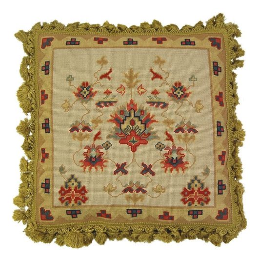 Handmade Wool Needlepoint Pillow Cover - Decorative Throw Cushion Cover - Vintage Floral Embroidery Design Turkish gold/red designs with gold tassels