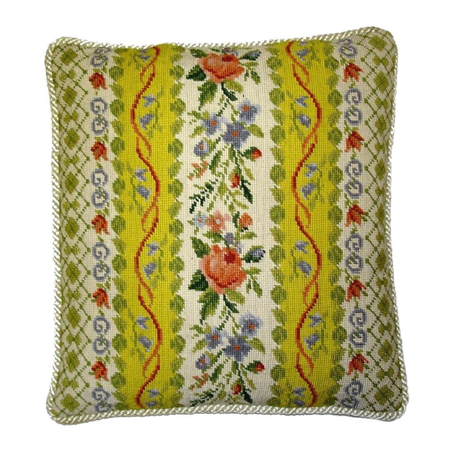 Handmade Wool Needlepoint Pillow Cover - Decorative Throw Cushion Cover - Vintage Floral Embroidery Design All check & flower with ivory cording