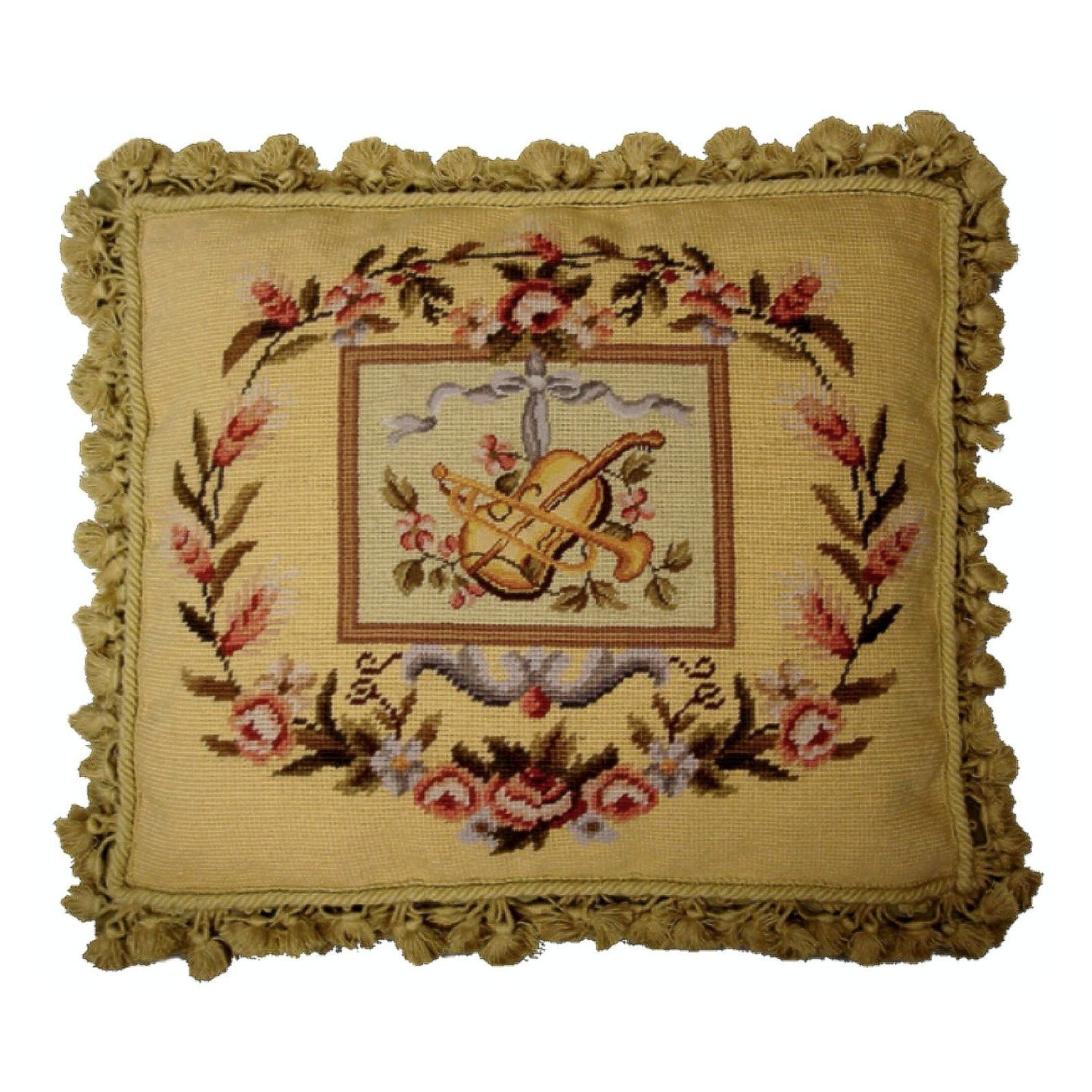 Handmade Wool Needlepoint Pillow Cover - Decorative Throw Cushion Cover - Vintage Floral Embroidery Design  big Viola and Trumpet background