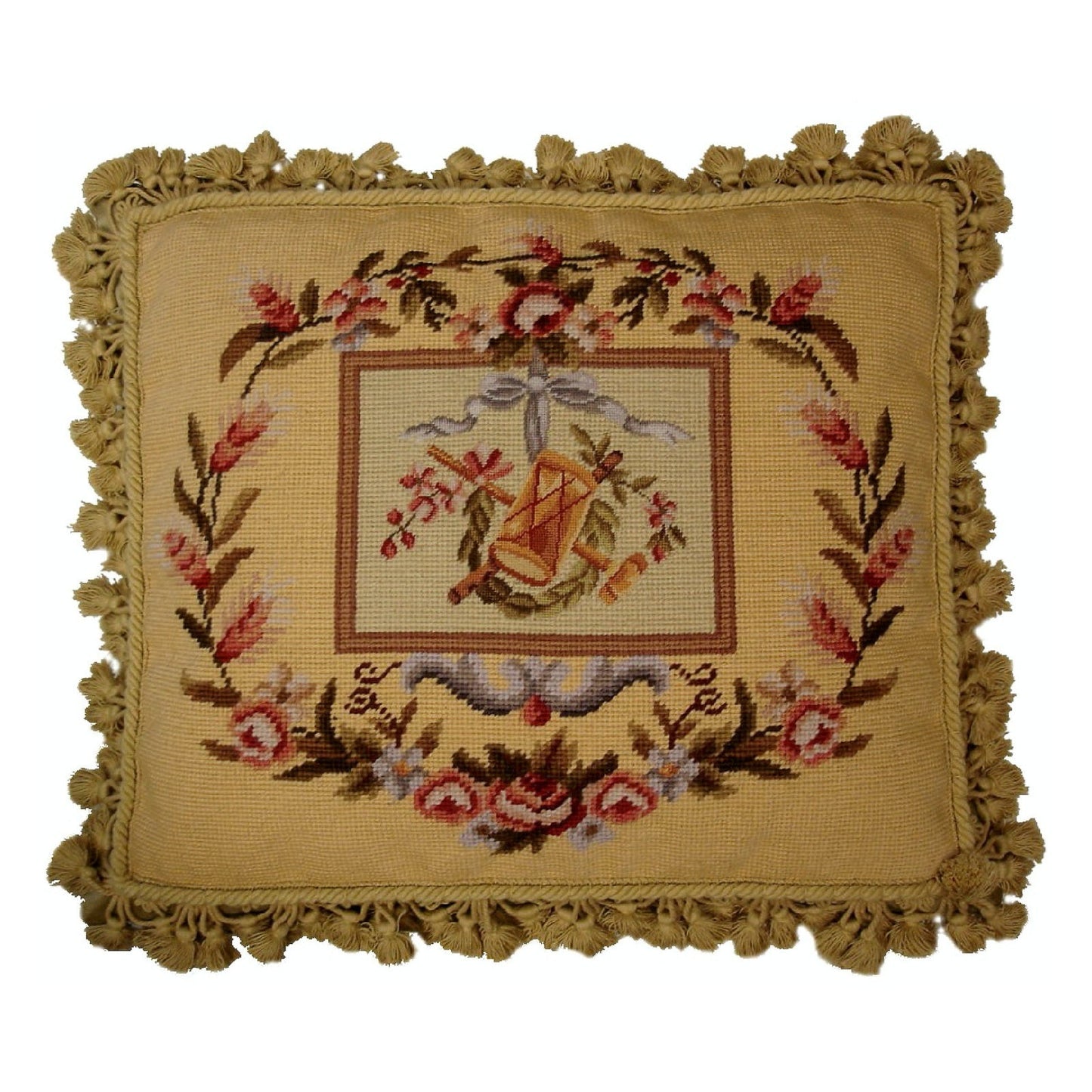 Handmade Wool Needlepoint Pillow Cover - Decorative Throw Cushion Cover - Vintage Floral Embroidery Design Pettipoing Drum background