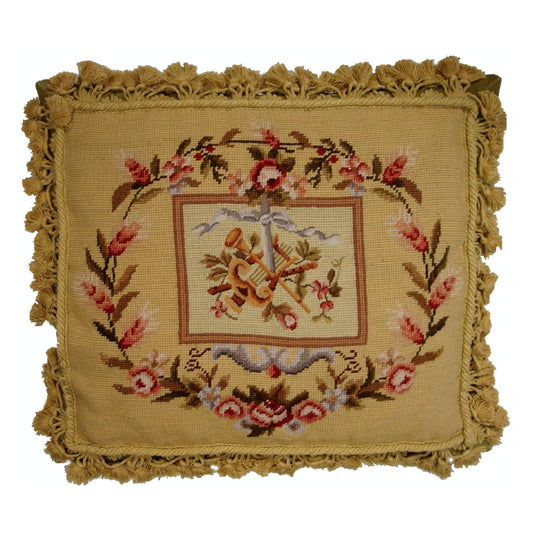 Handmade Wool Needlepoint Pillow Cover - Decorative Throw Cushion Cover - Vintage Floral Embroidery Design  Harp background