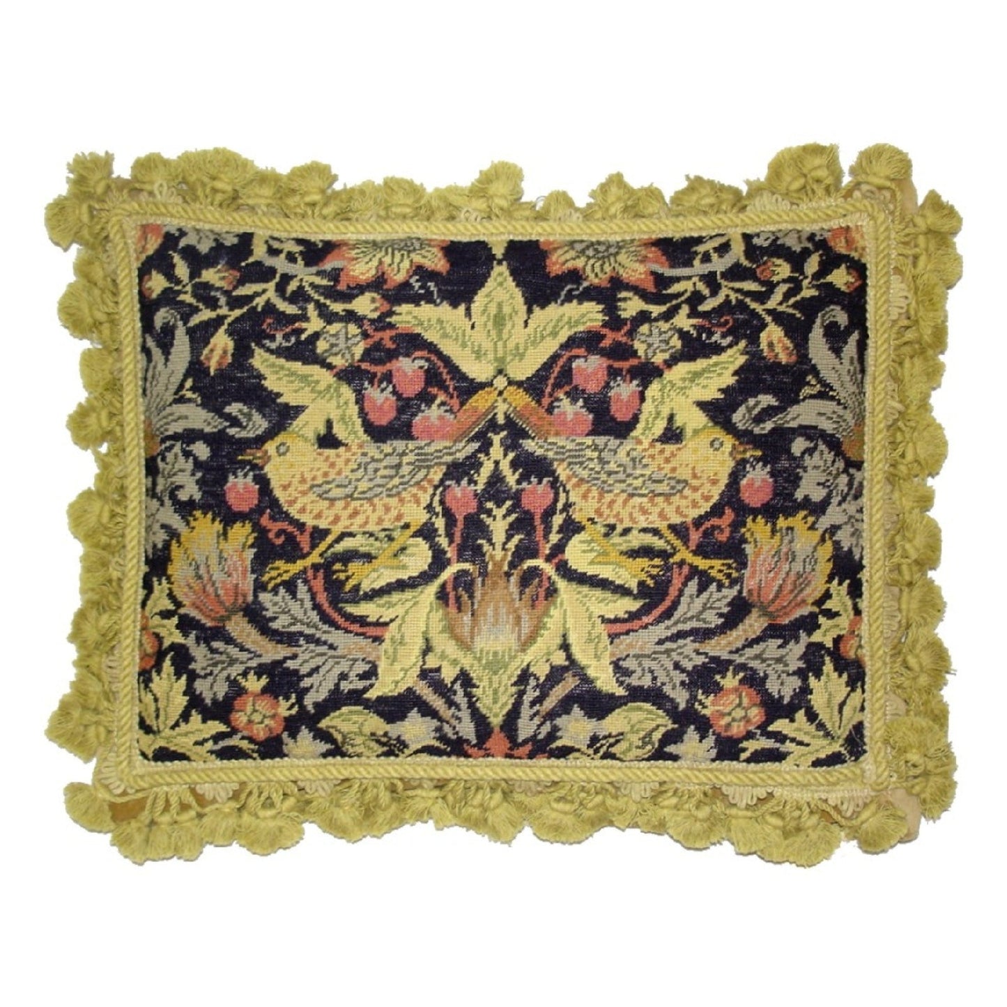 Handmade Wool Needlepoint Pillow Cover - Decorative Throw Cushion Cover - Vintage Floral Embroidery Design William Moris Design 2 yellow birds dark navy background gold tassels