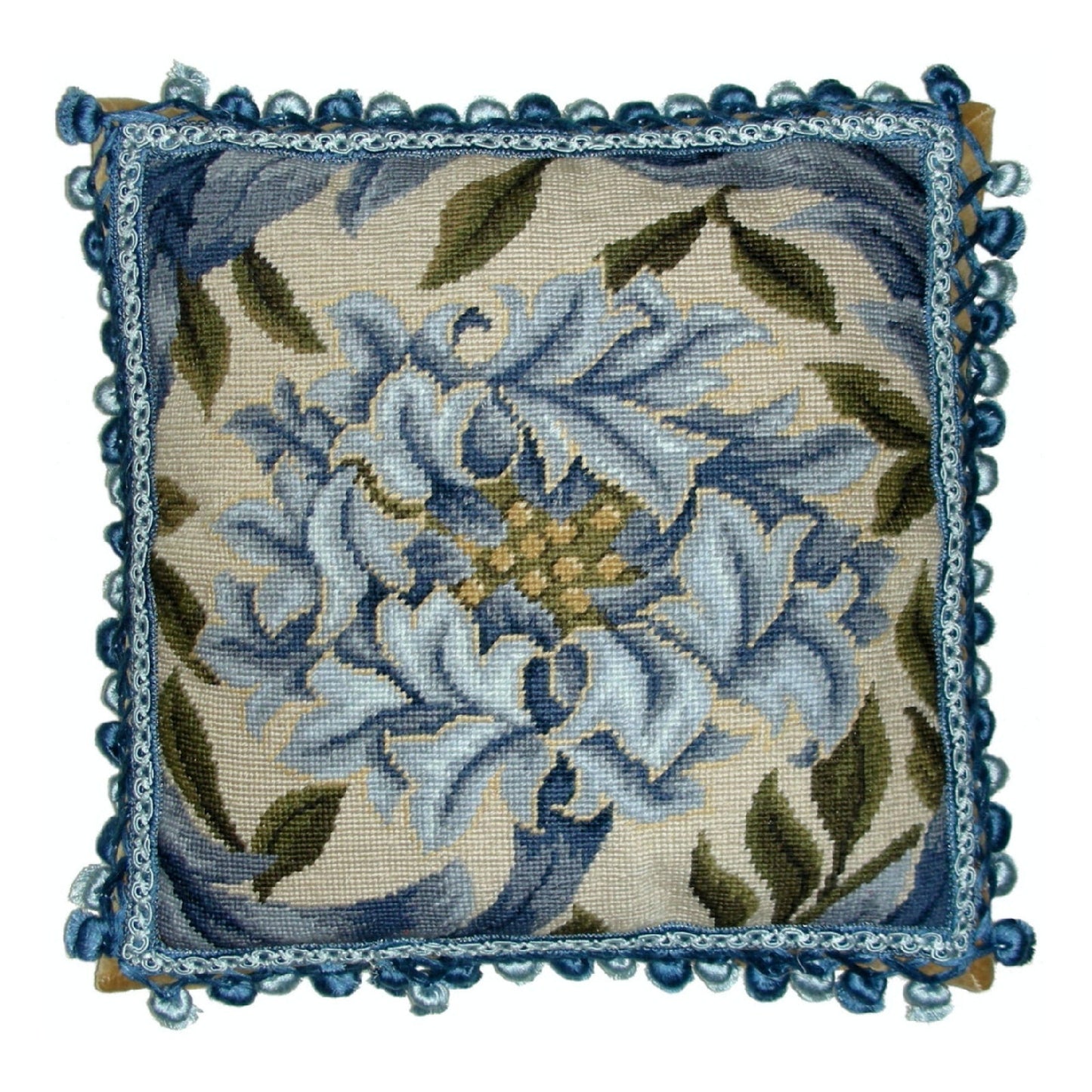 Handmade Wool Needlepoint Pillow Cover - Decorative Throw Cushion Cover - Vintage Floral Embroidery Design William Morris blue Chrysanthemum with 2 color blue tassels