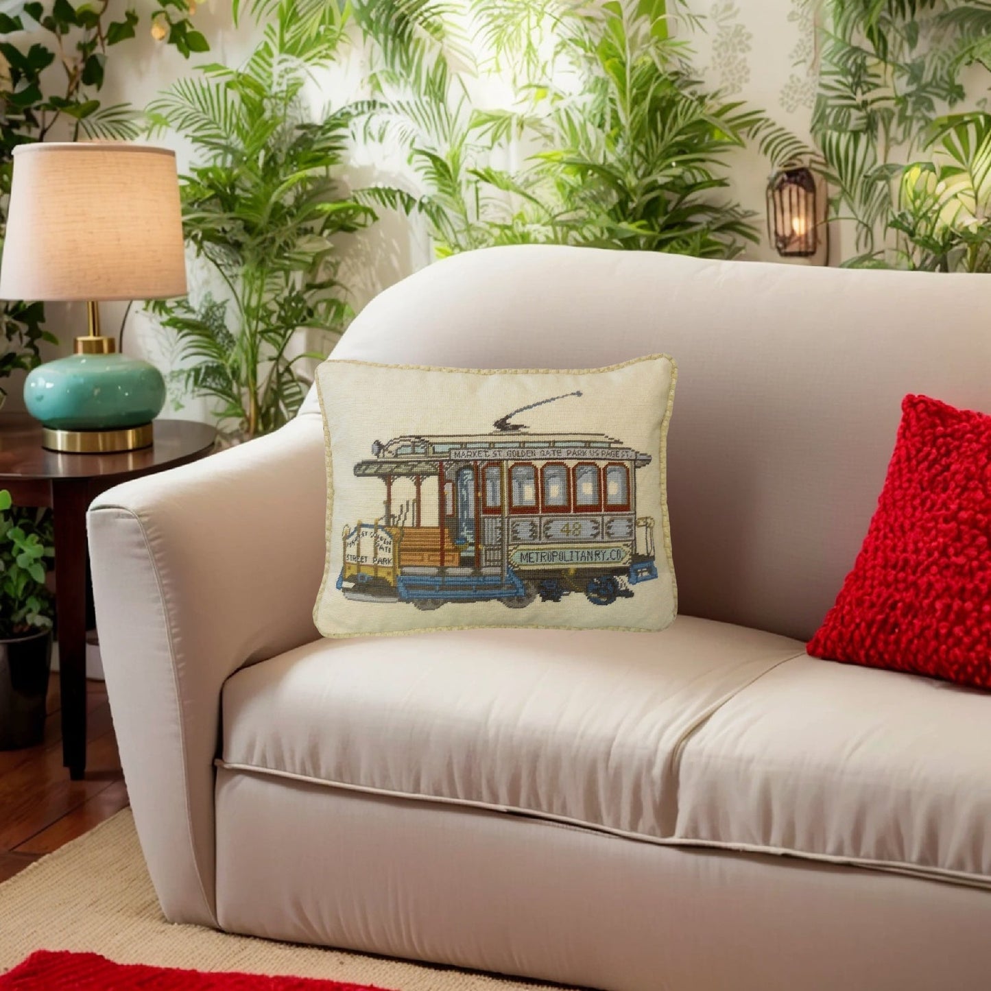 Handmade Wool Needlepoint Pillow Cover - Decorative Throw Cushion Cover - Vintage Floral Embroidery Design  of SF cable car Market-GGP-Page St checker cording