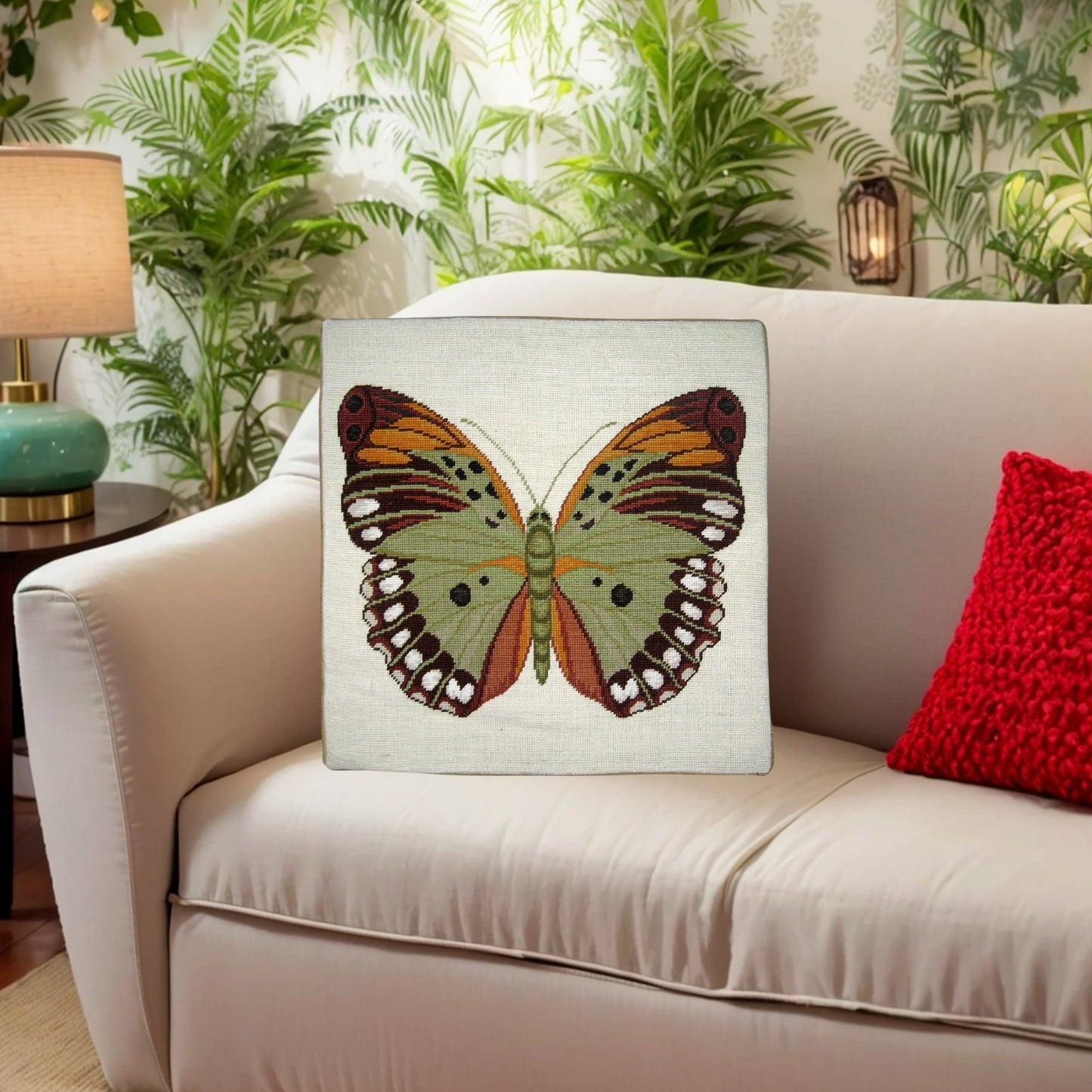 Handmade Wool Needlepoint Pillow Cover - Decorative Throw Cushion Cover - Vintage Floral Embroidery Design big butterfly 1