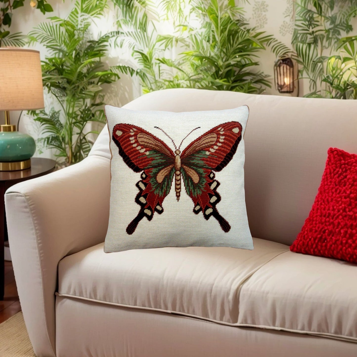 Handmade Wool Needlepoint Pillow Cover - Decorative Throw Cushion Cover - Vintage Floral Embroidery Design big butterfly