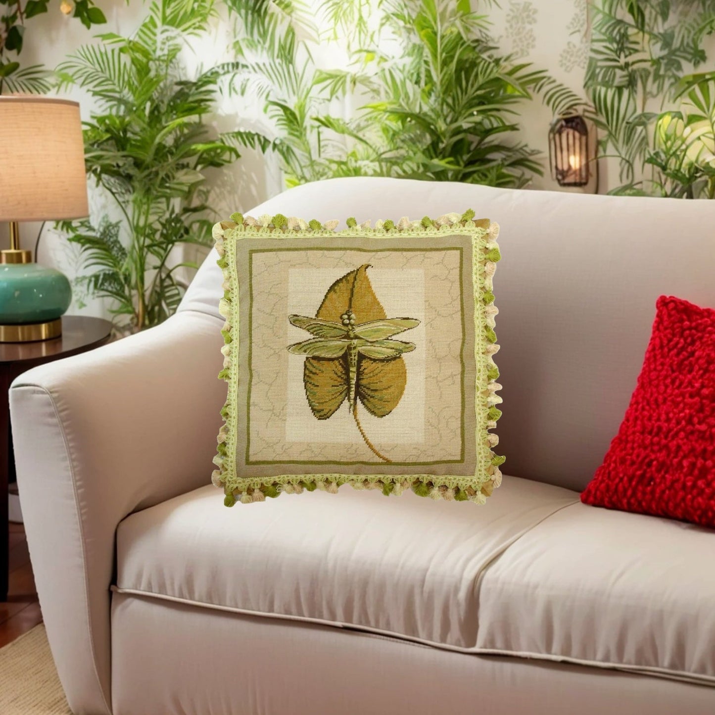 Handmade Wool Needlepoint Pillow Cover - Decorative Throw Cushion Cover - Vintage Floral Embroidery Design dragonfly background 2 color tassel