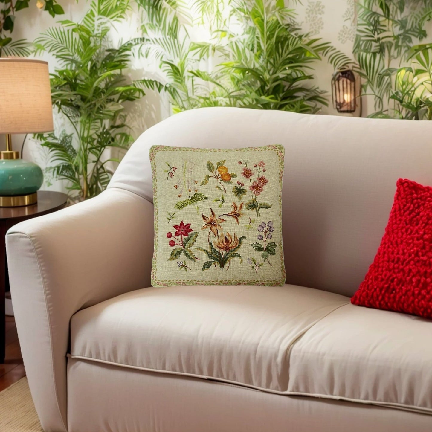 Handmade Wool Needlepoint Pillow Cover - Decorative Throw Cushion Cover - Vintage Floral Embroidery Design  Herbers orange fruite