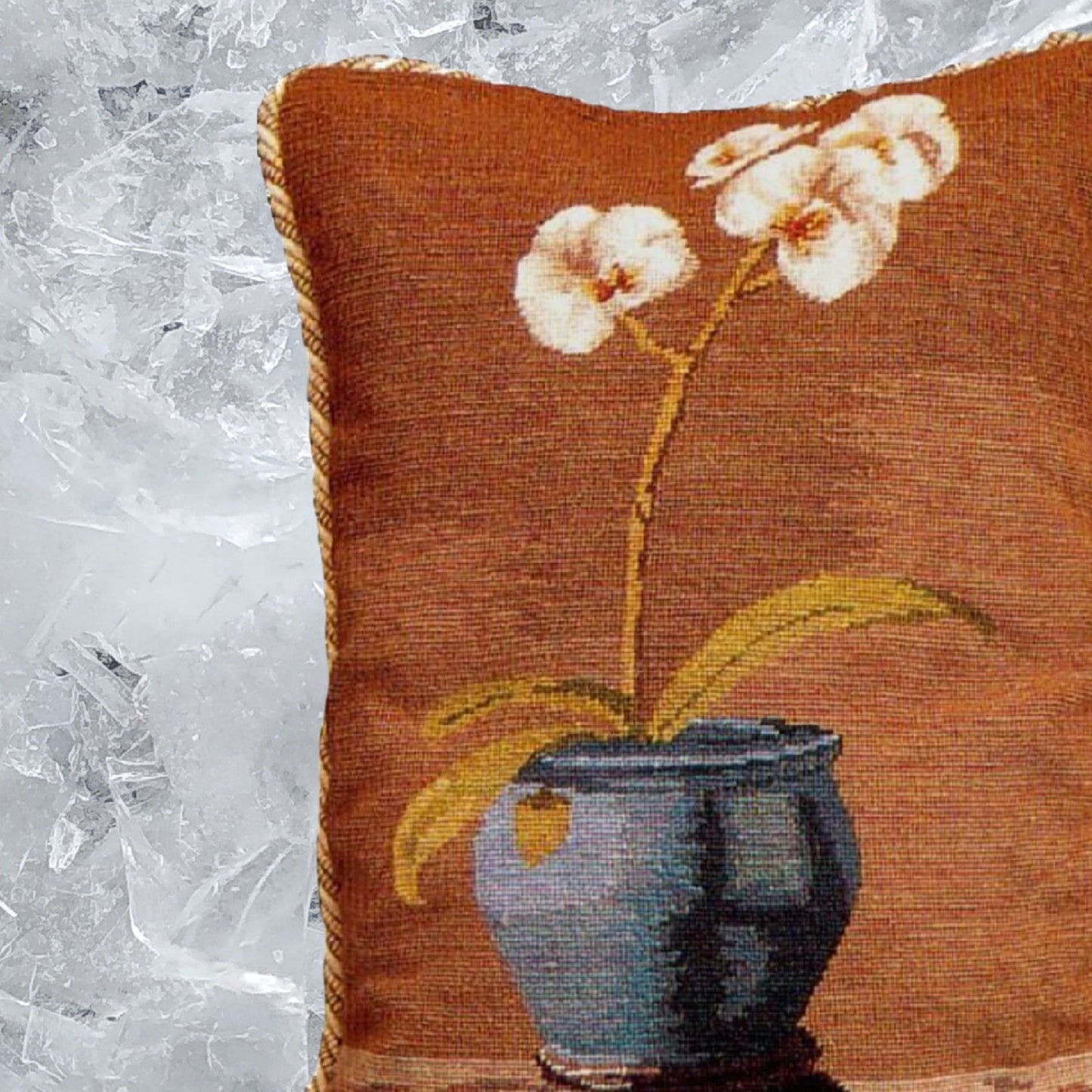 Handmade Wool Needlepoint Pillow Cover - Decorative Throw Cushion Cover - Vintage Floral Embroidery Design  white orchard in blue pot with 2 color cording