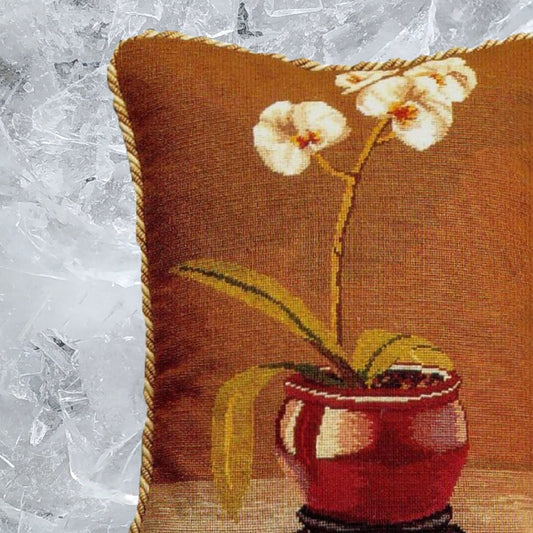 Handmade Wool Needlepoint Pillow Cover - Decorative Throw Cushion Cover - Vintage Floral Embroidery Design  white orchard in red pot with 2 color cording