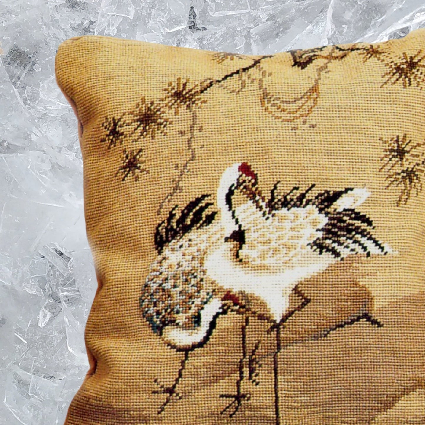 Handmade Wool Needlepoint Pillow Cover - Decorative Throw Cushion Cover - Vintage Floral Embroidery Design  Cranes with pine tree 1