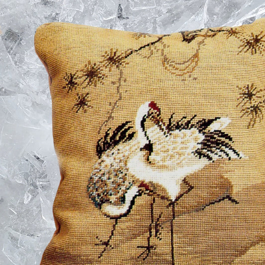 Handmade Wool Needlepoint Pillow Cover - Decorative Throw Cushion Cover - Vintage Floral Embroidery Design  Cranes with pine tree 1