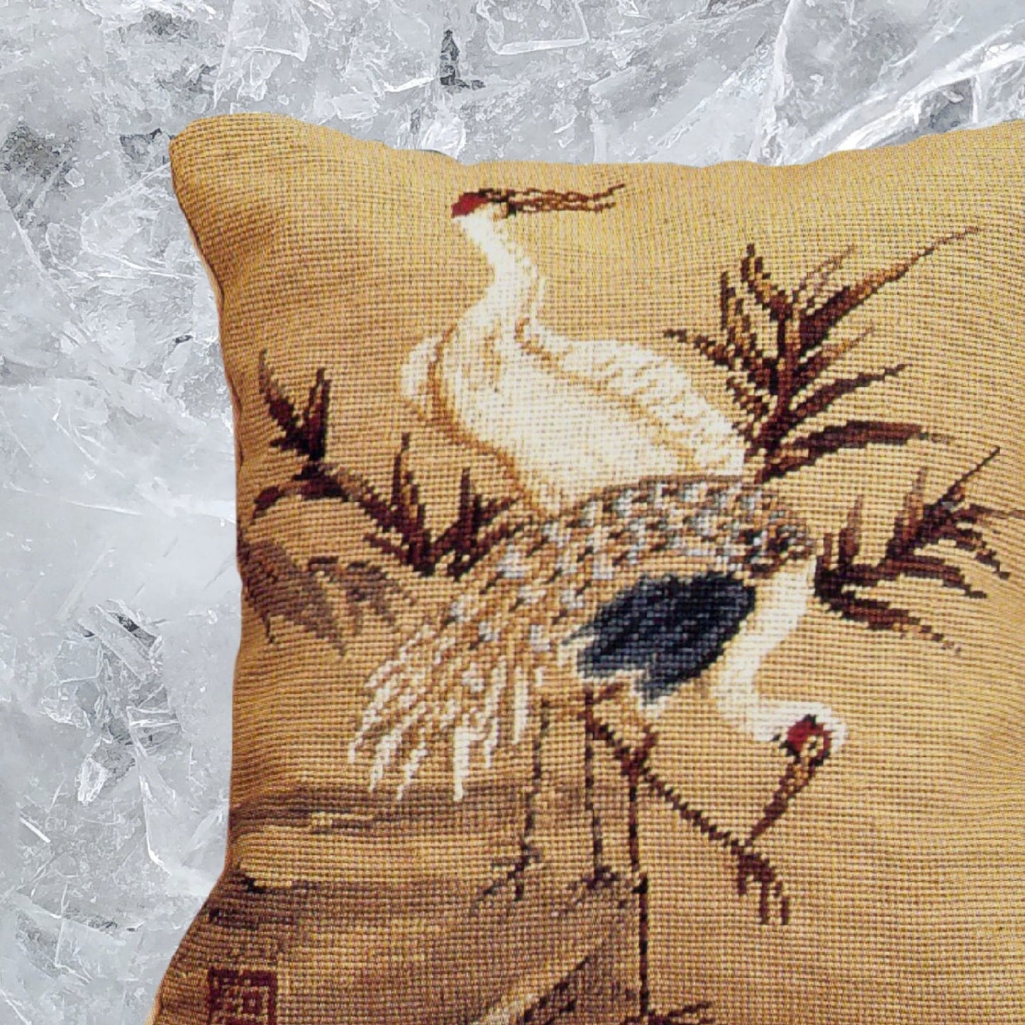 Handmade Wool Needlepoint Pillow Cover - Decorative Throw Cushion Cover - Vintage Floral Embroidery Design  Cranes with green leaves