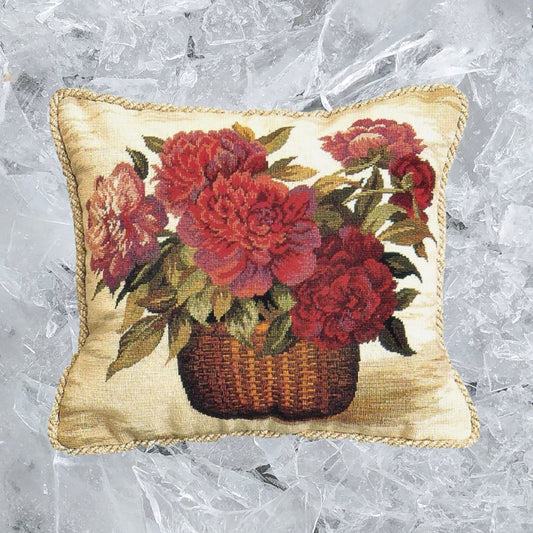 Handmade Wool Needlepoint Pillow Cover - Decorative Throw Cushion Cover - Vintage Floral Embroidery Design  Peoney basket with 2 color cording