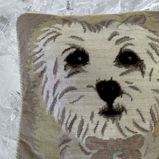 Handmade Wool Needlepoint Pillow Cover - Decorative Throw Cushion Cover - Vintage Floral Embroidery Design  Westie with 3 color cording