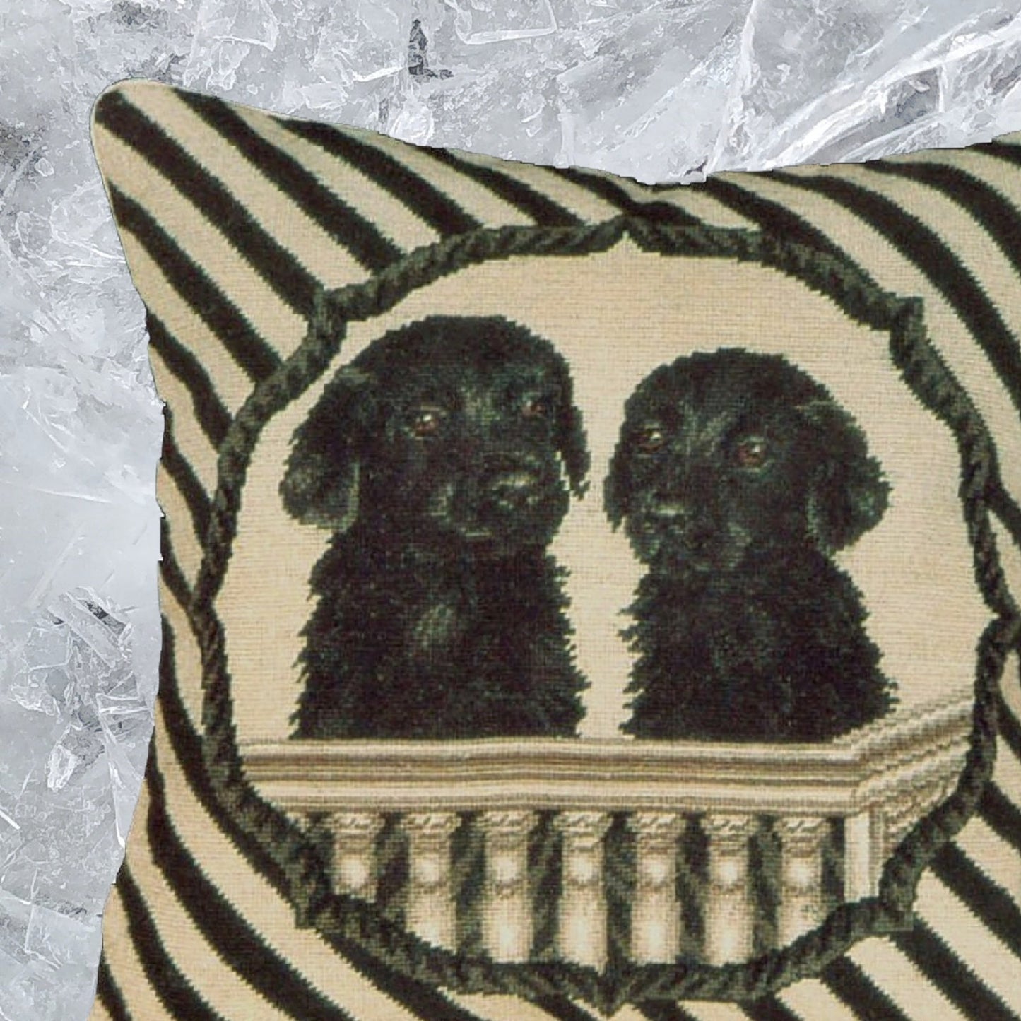 Handmade Wool Needlepoint Pillow Cover - Decorative Throw Cushion Cover - Vintage Floral Embroidery Design  twin black Labrador in balcony