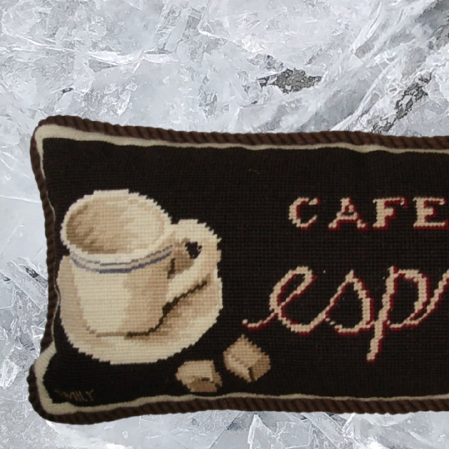 Handmade Wool Needlepoint Pillow Cover - Decorative Throw Cushion Cover - Vintage Floral Embroidery Design Emily Adams DesignSavoy Cafe with cording