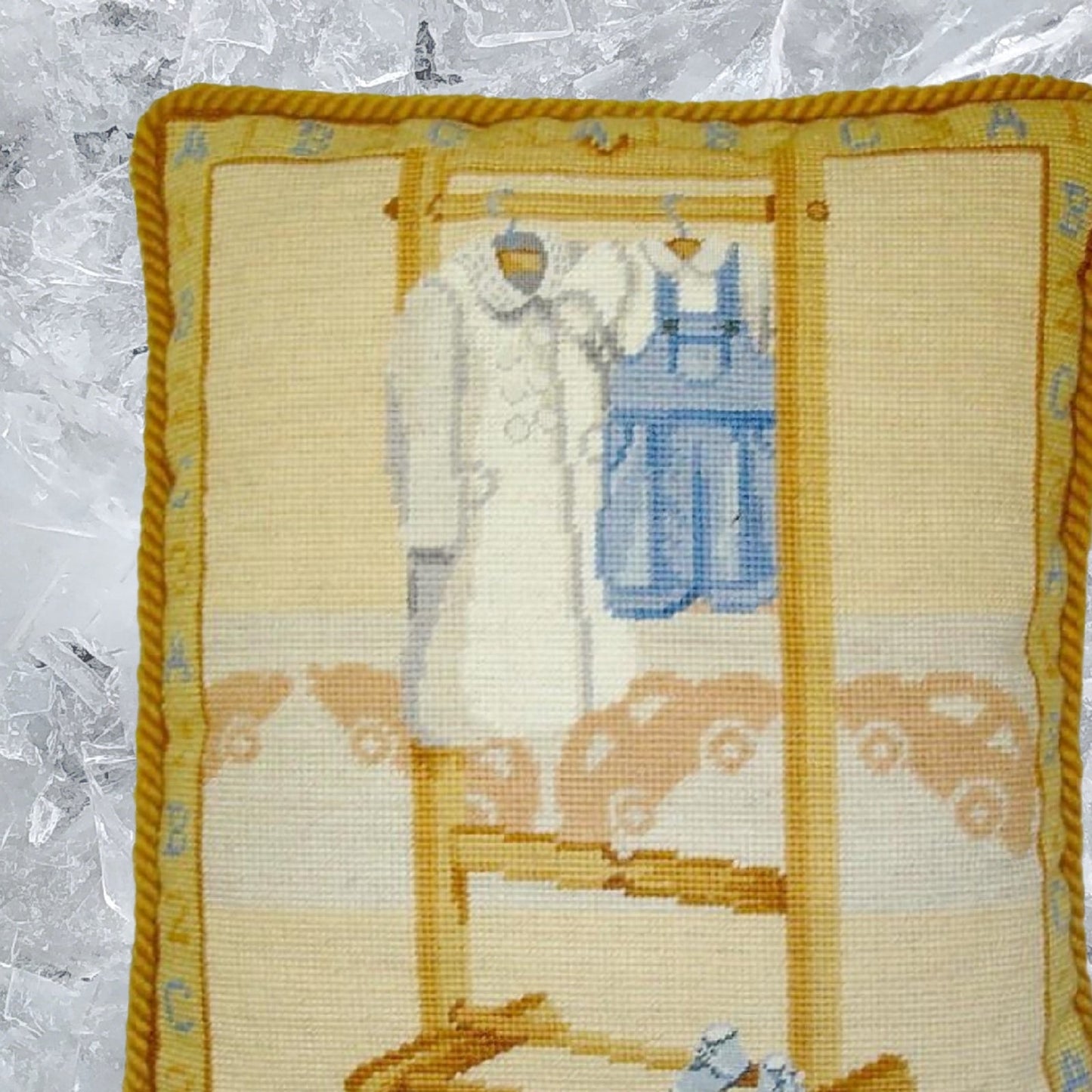 Handmade Wool Needlepoint Pillow Cover - Decorative Throw Cushion Cover - Vintage Floral Embroidery Design blue suit with gold cording