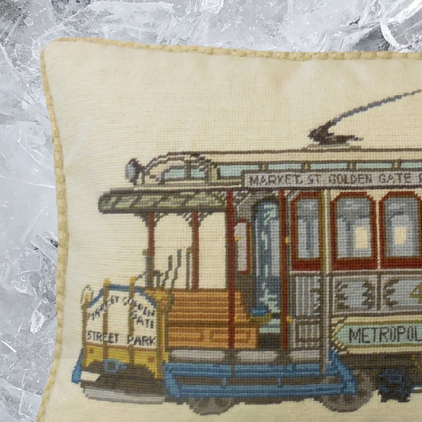 Handmade Wool Needlepoint Pillow Cover - Decorative Throw Cushion Cover - Vintage Floral Embroidery Design  of SF cable car Market-GGP-Page St checker cording