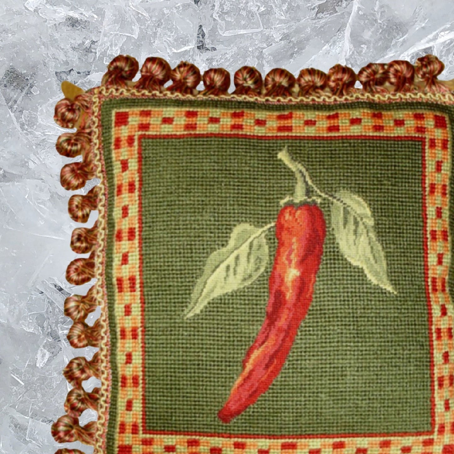 Handmade Wool Needlepoint Pillow Cover - Decorative Throw Cushion Cover - Vintage Floral Embroidery Design  background 3 color tassel 5