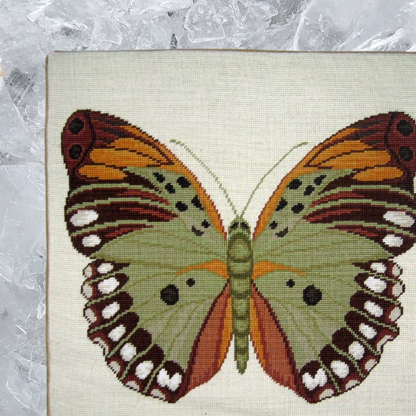 Handmade Wool Needlepoint Pillow Cover - Decorative Throw Cushion Cover - Vintage Floral Embroidery Design big butterfly 1