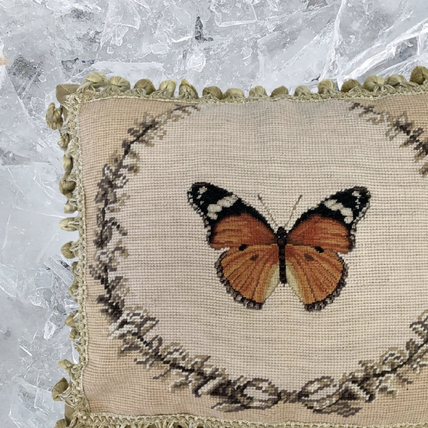 Handmade Wool Needlepoint Pillow Cover - Decorative Throw Cushion Cover - Vintage Floral Embroidery Design orange butterfly with 2 color tassel