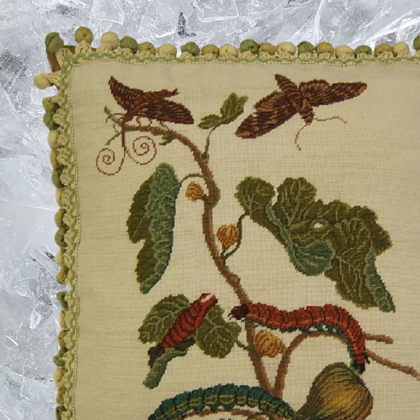 Handmade Wool Needlepoint Pillow Cover - Decorative Throw Cushion Cover - Vintage Floral Embroidery Design  background, green/brown caterpillars with 3 color tassels