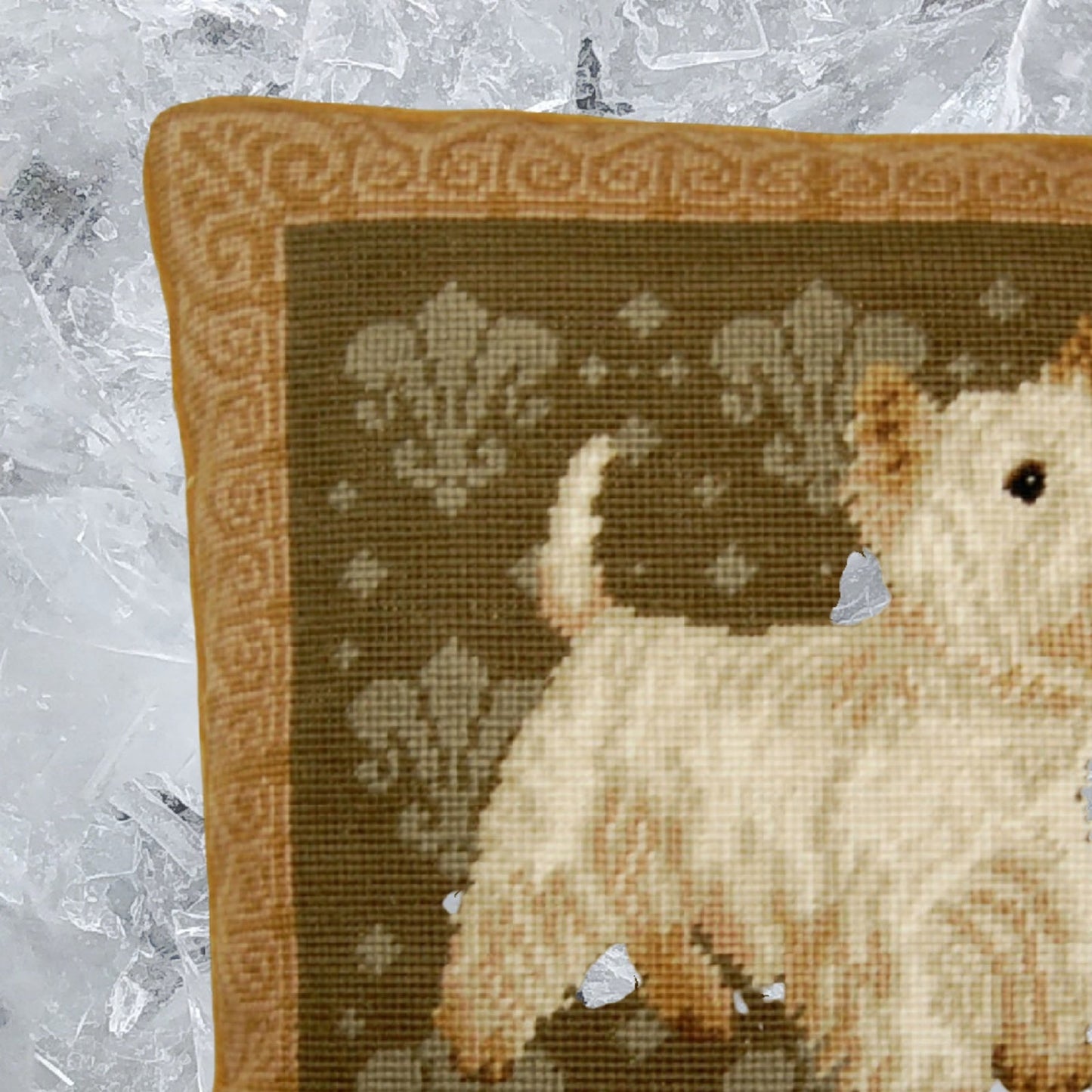 Handmade Wool Needlepoint Pillow Cover - Decorative Throw Cushion Cover - Vintage Floral Embroidery Design on Westies eyes & nose rest grosspoint