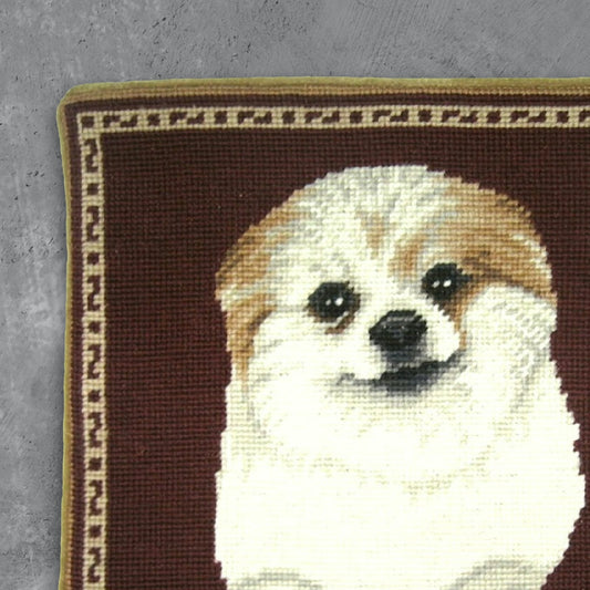Handmade Wool Needlepoint Pillow Cover - Decorative Throw Cushion Cover - Vintage Floral Embroidery Design bichon burgundy background
