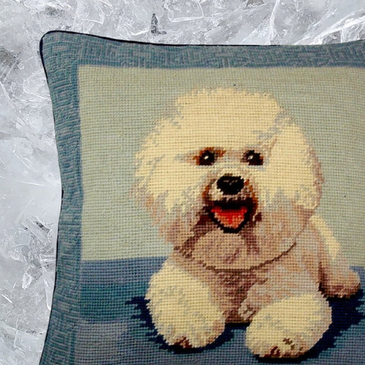Handmade Wool Needlepoint Pillow Cover - Decorative Throw Cushion Cover - Vintage Floral Embroidery Design Bichon Frise in blue background