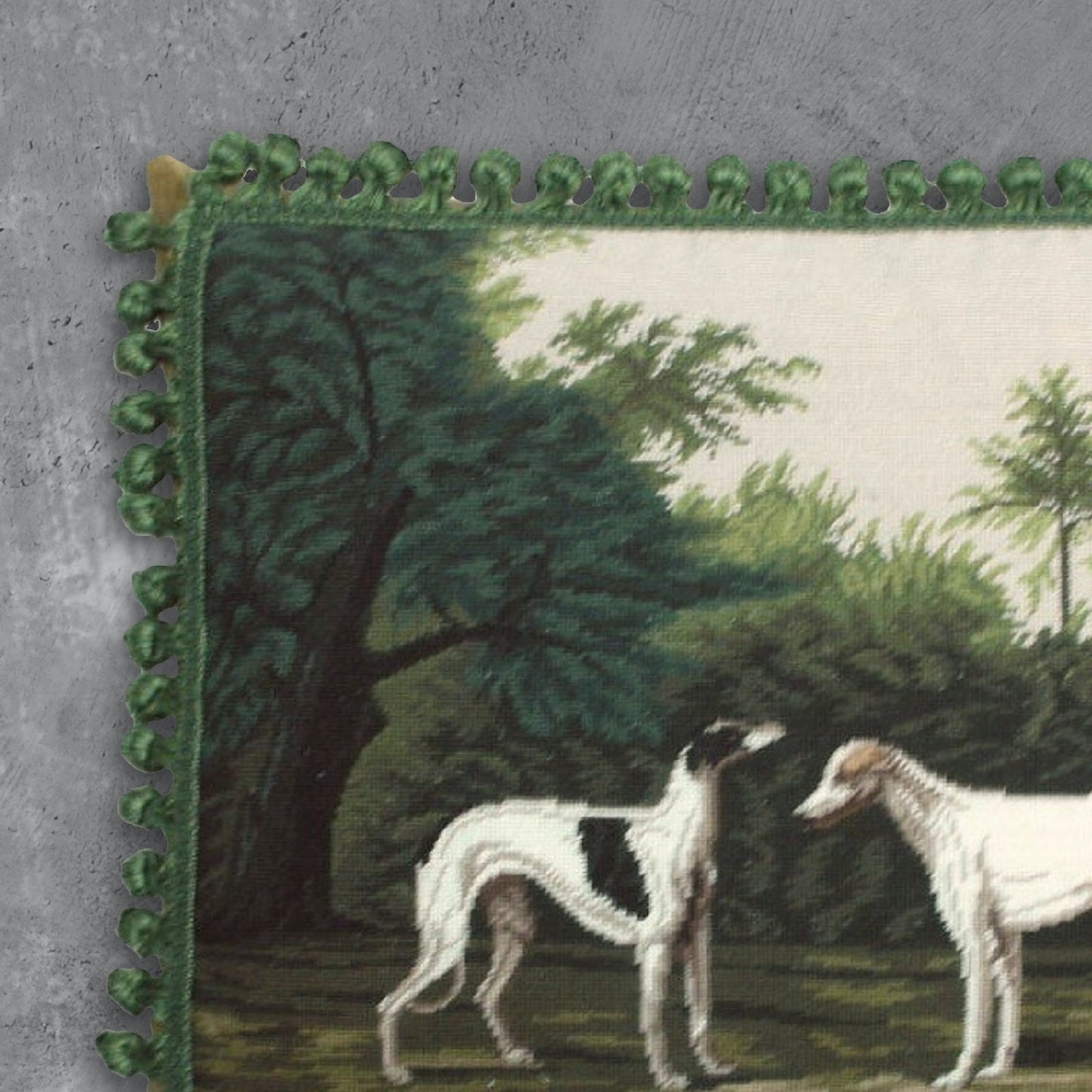 Handmade Wool Needlepoint Pillow Cover - Decorative Throw Cushion Cover - Vintage Floral Embroidery Design  2 Greyhound with tassels