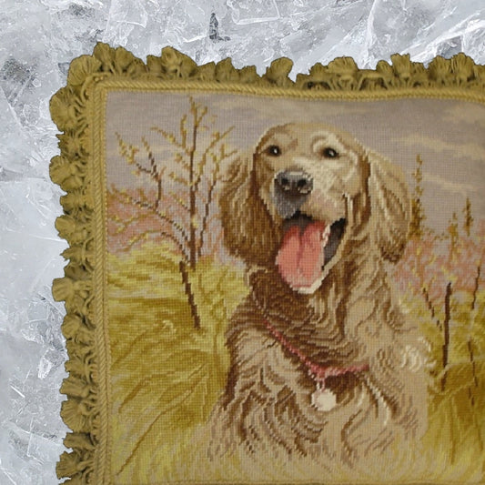 Handmade Wool Needlepoint Pillow Cover - Decorative Throw Cushion Cover - Vintage Floral Embroidery Design gold lab with tassel