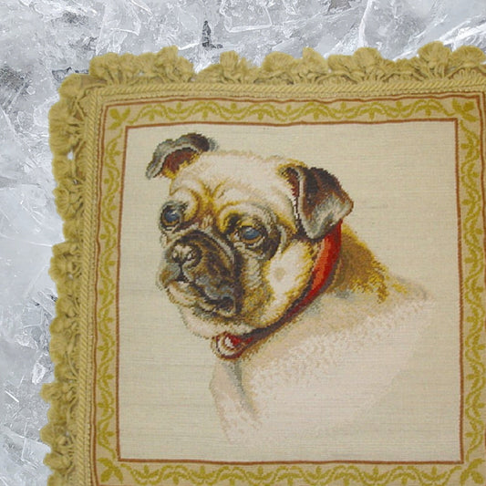 Handmade Wool Needlepoint Pillow Cover - Decorative Throw Cushion Cover - Vintage Floral Embroidery Design  Pug dog nature background