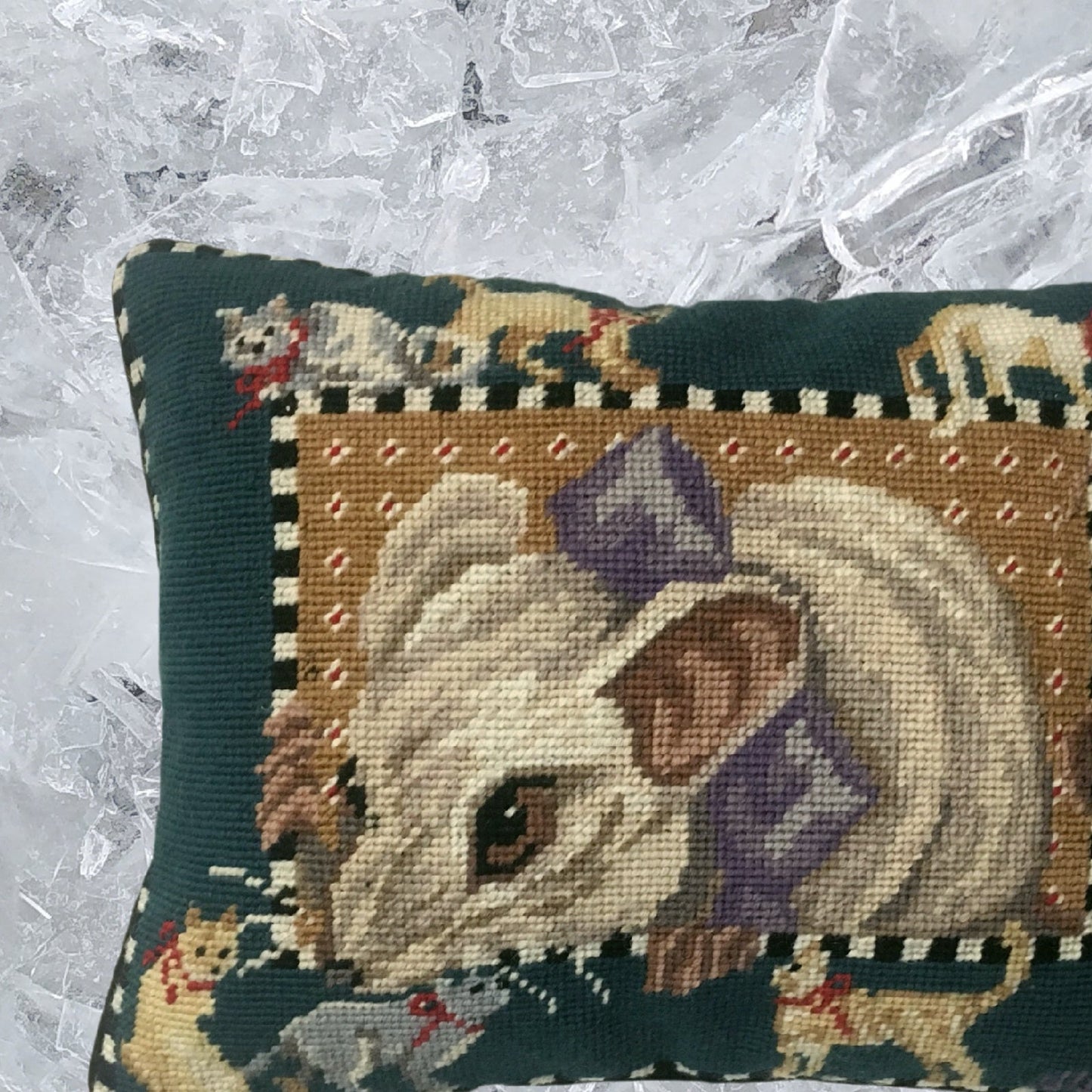 Handmade Wool Needlepoint Pillow Cover - Decorative Throw Cushion Cover - Vintage Floral Embroidery Design mouse surrounded by cats & dogs