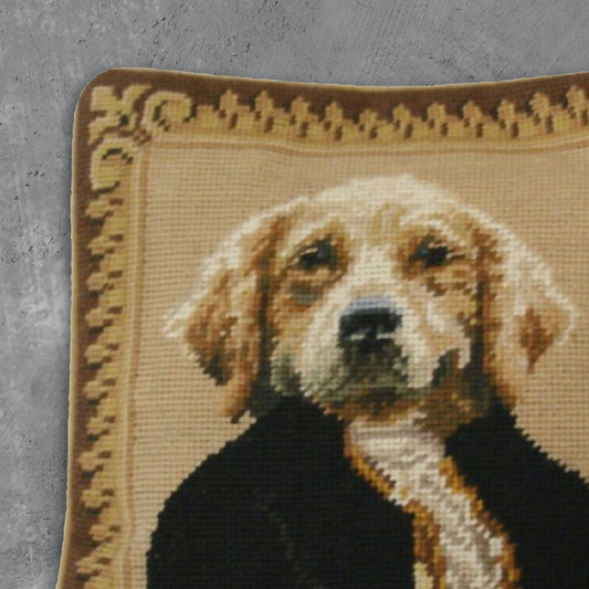 Handmade Wool Needlepoint Pillow Cover - Decorative Throw Cushion Cover - Vintage Floral Embroidery Design Mr Dog a